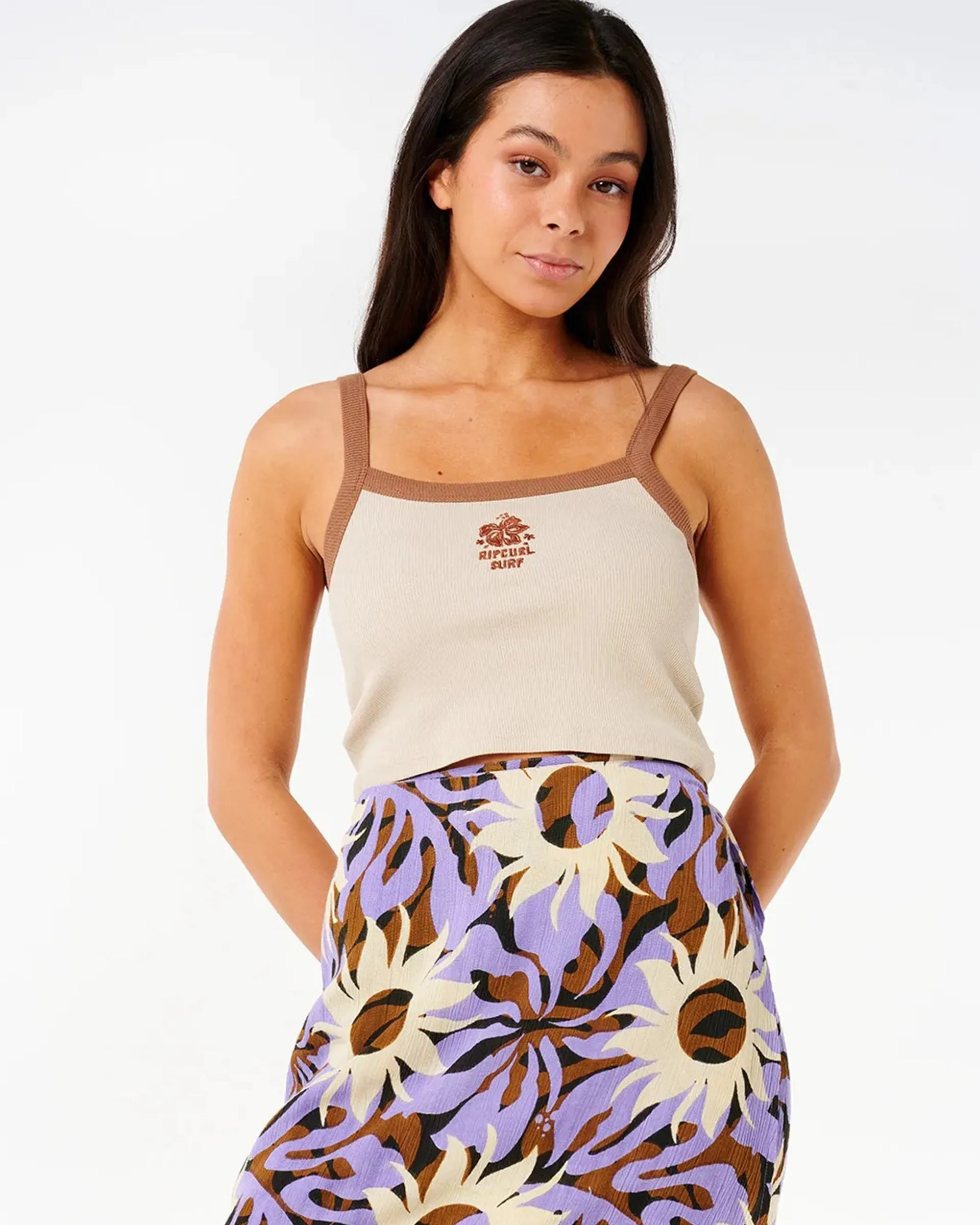 High Neck Cut Ornamental Cala Nights Baby Tank - Natural