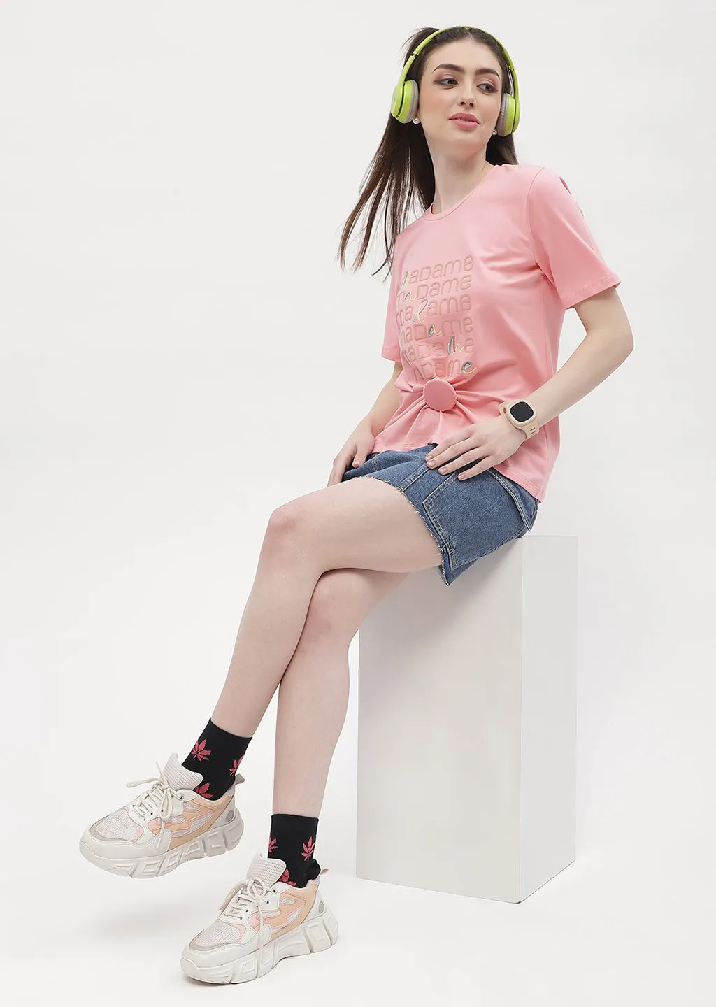 City Fashion Soft Wearable Madame Logo Print Pink Regular T-Shirt