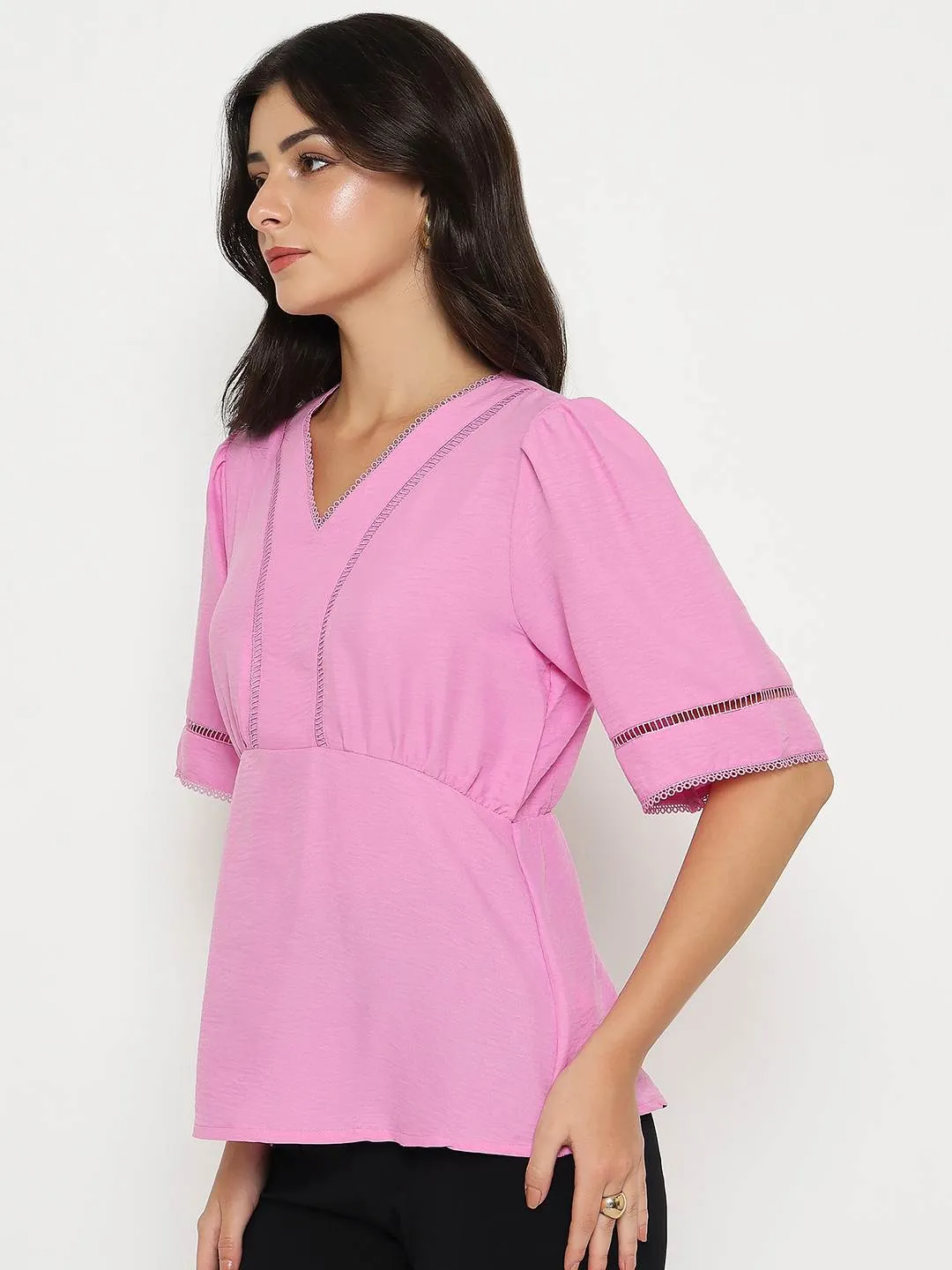 Day Glow Madame V Neck Pink Peplum Top
