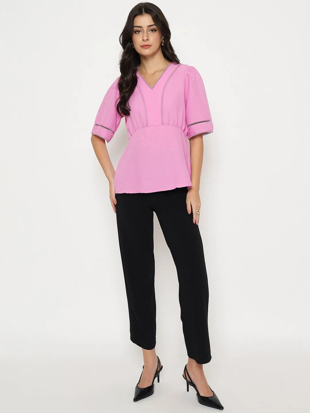 DoubleLayered Collar River Core Madame V Neck Pink Peplum Top