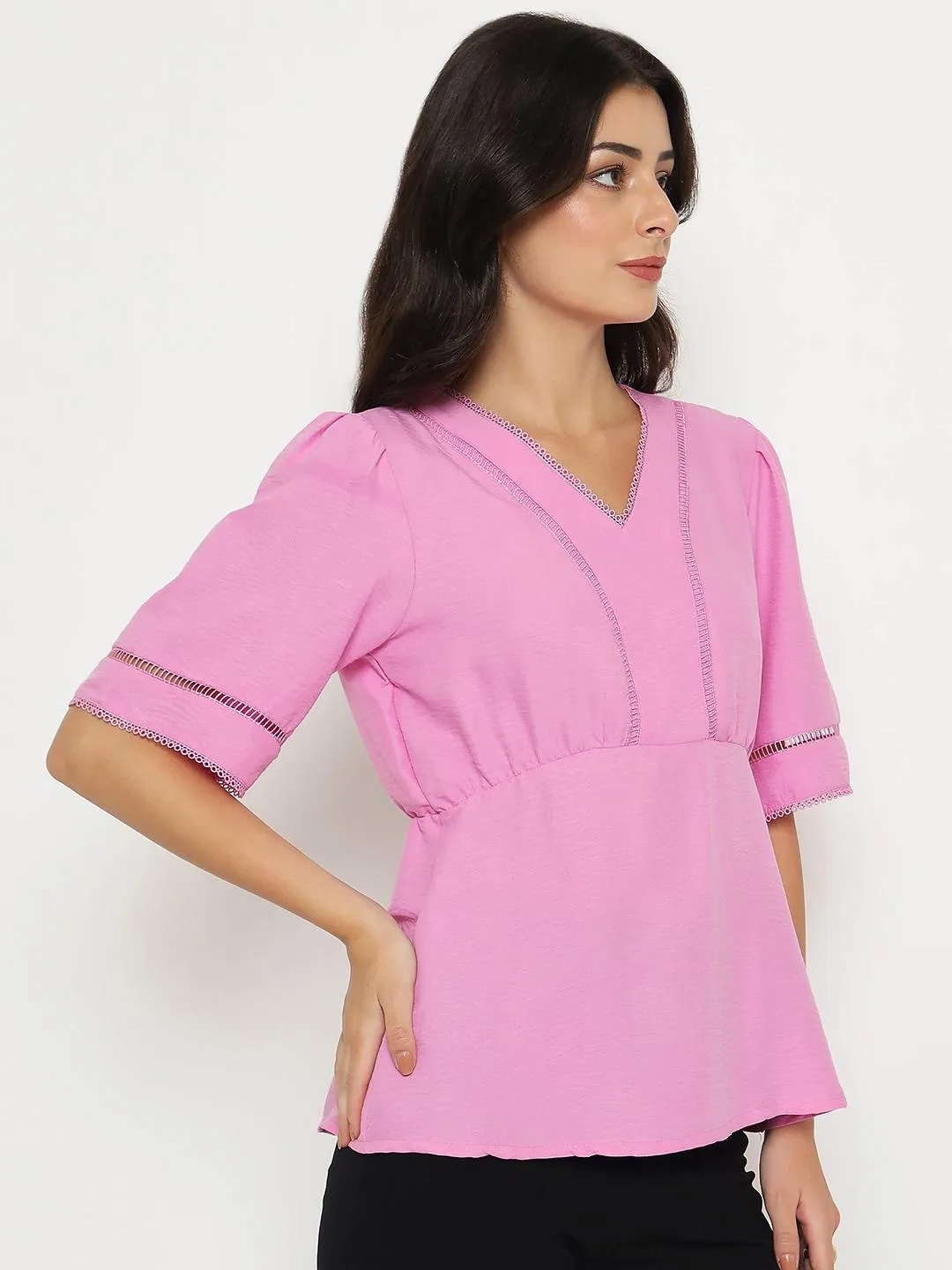 NonChafe EasyCareMaterial Madame V Neck Pink Peplum Top