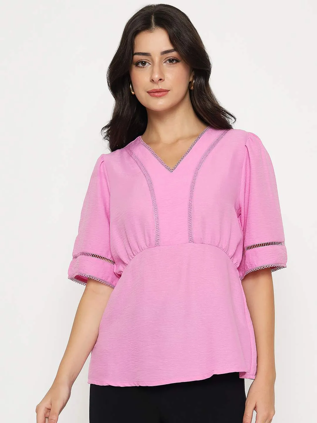 Madame V Neck Pink Peplum Top Comfortable Outfit