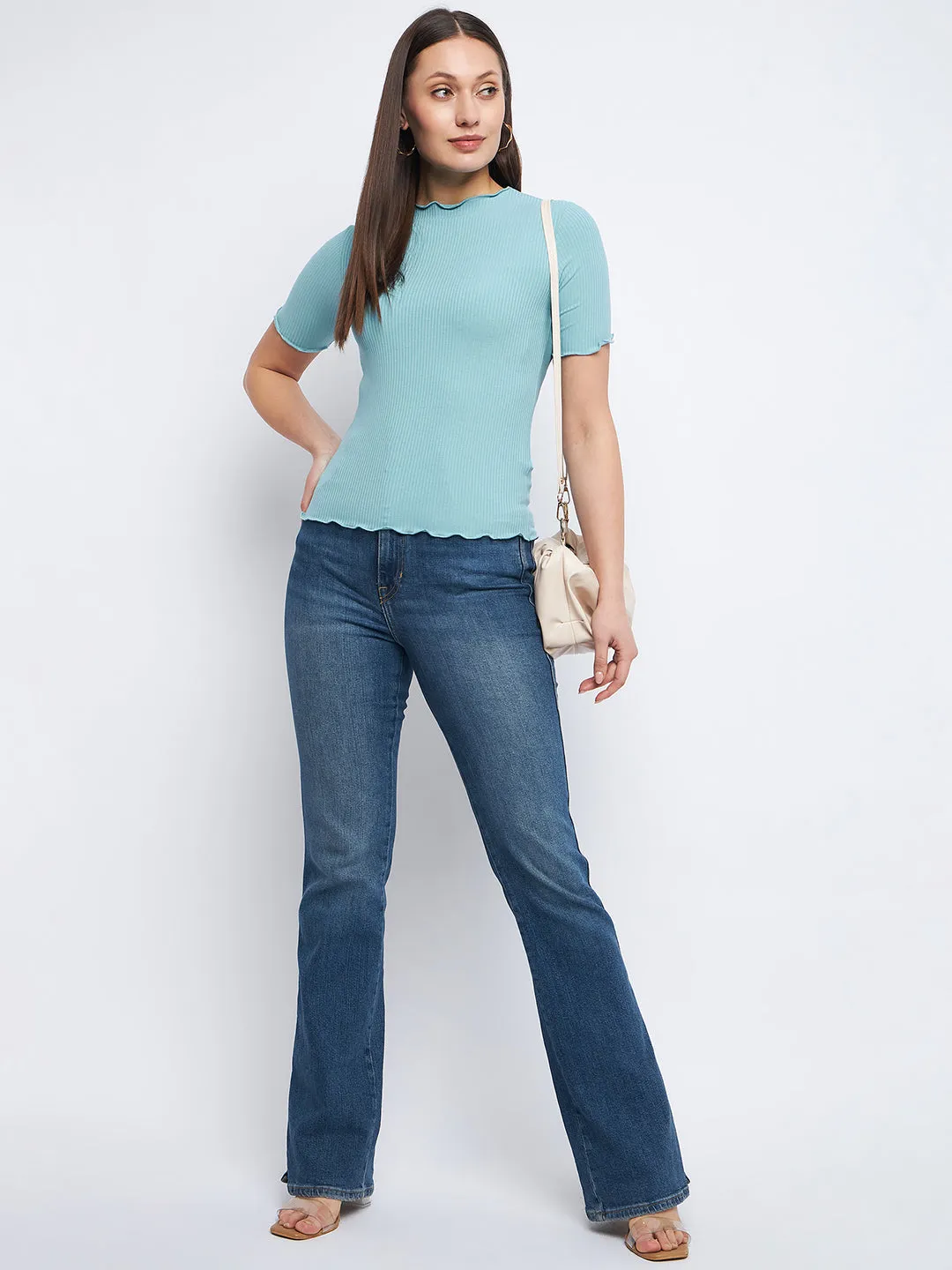 Madame Solid Aqua Blue Lettuce Hem Top Modern Design