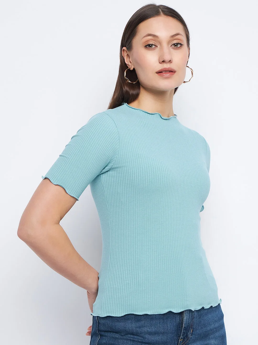 Boho Free Madame Solid Aqua Blue Lettuce Hem Top