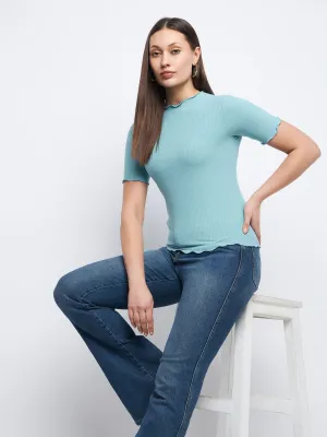 Madame Solid Aqua Blue Lettuce Hem Top Brunch Fit