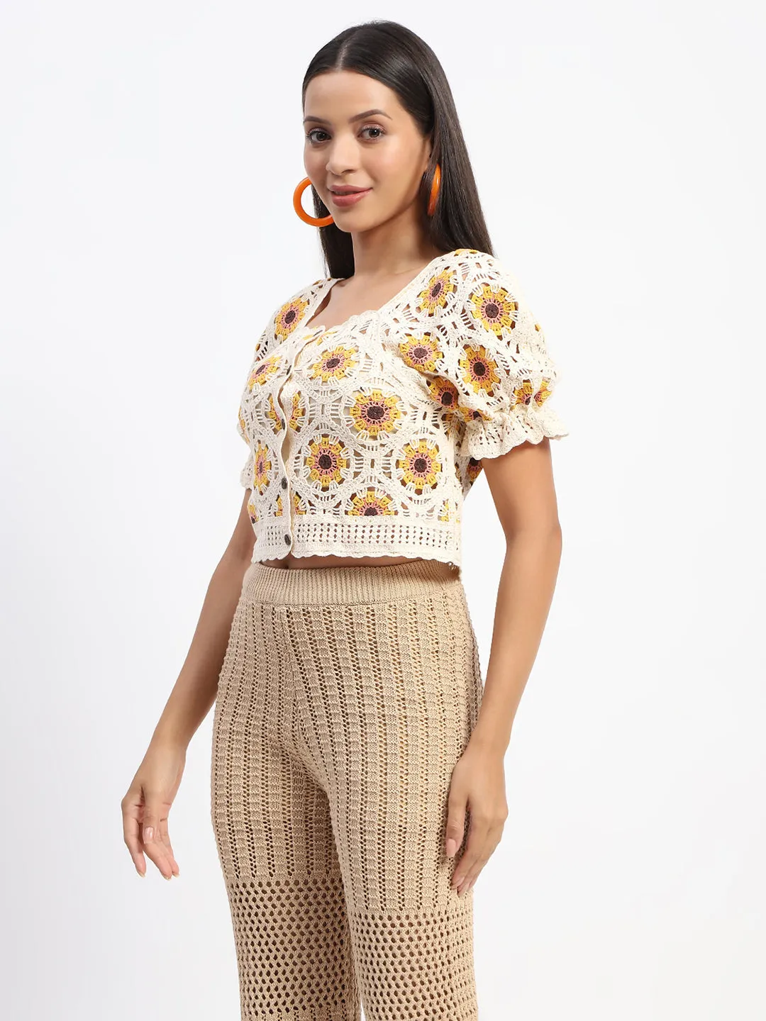 MultiPocket Design Madame Floral Print Beige Cotton Crochet Top