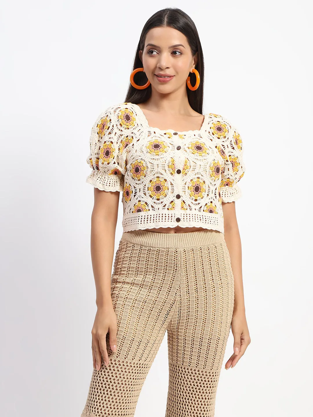 Madame Floral Print Beige Cotton Crochet Top Fire Core