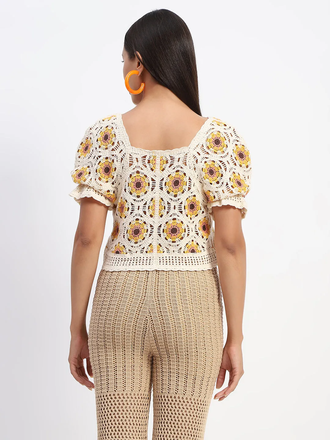 Madame Floral Print Beige Cotton Crochet Top Romance Fit NoIrritationSeams