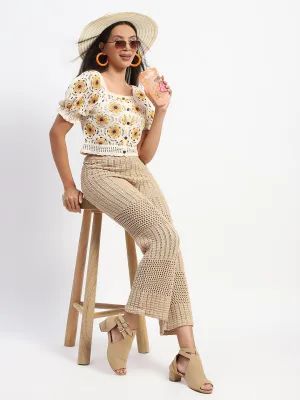 American Ease Madame Floral Print Beige Cotton Crochet Top