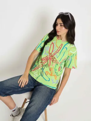 insulated Madame All Over Print Half Sleeve Parrot Green Cotton T-shirt