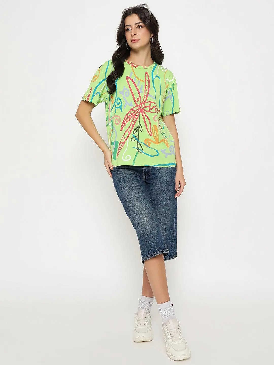 Madame All Over Print Half Sleeve Parrot Green Cotton T-shirt Reinforced Shoulder Seams Casual Choice Wear