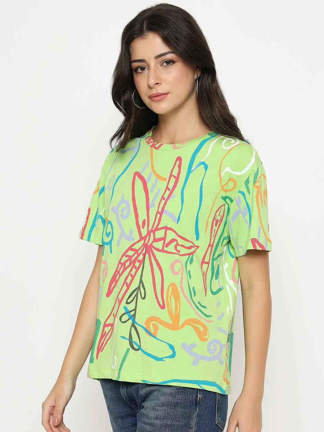 Madame All Over Print Half Sleeve Parrot Green Cotton T-shirt Soft and Cozy