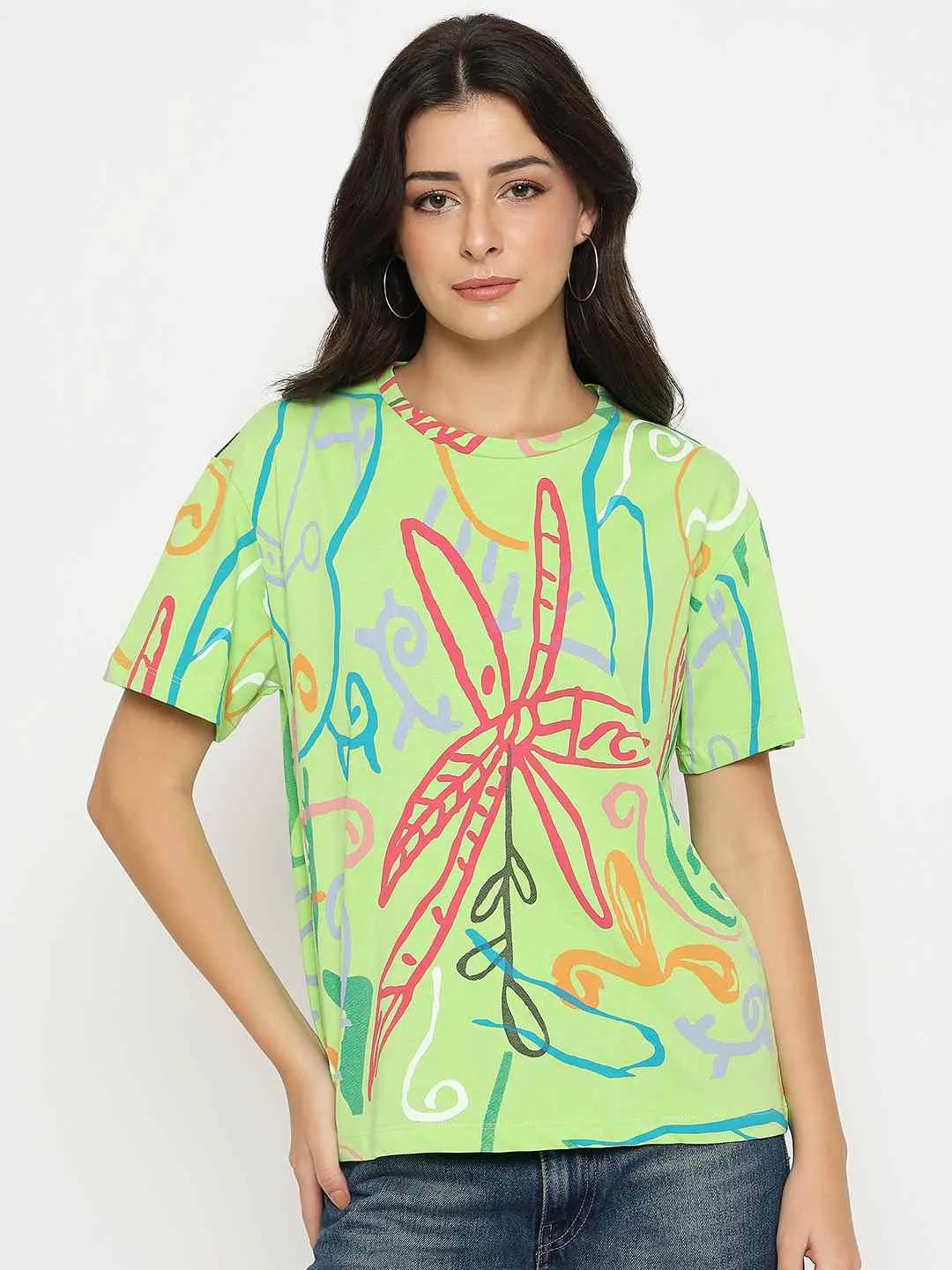 Smart Outfit Autumn coziness Madame All Over Print Half Sleeve Parrot Green Cotton T-shirt