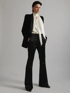Corduroy texture StainResistantCoating Black satin smoking flare suit trousers