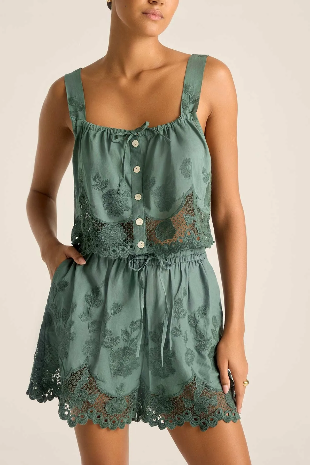 rayon fabric Flora Short - Sea Green Beachside Broderie