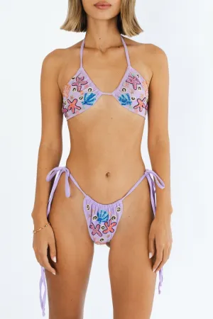 Flexible Underwire Anti Pilling Surface Fia Tropical Hand Embroidered Bikini Top Lilac