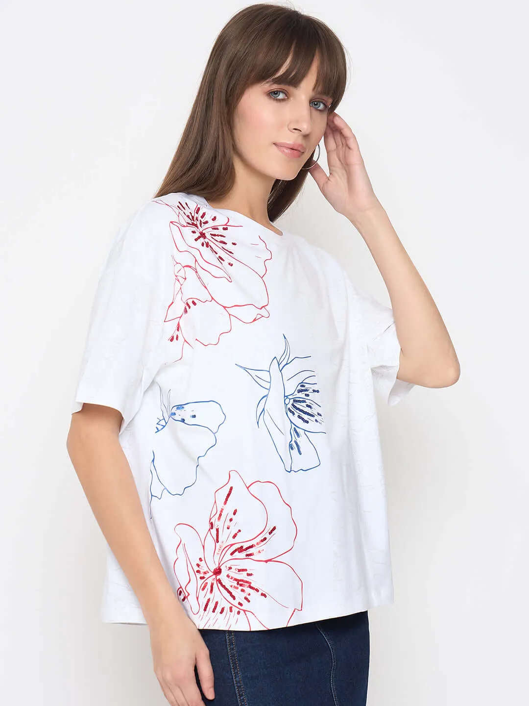 Madame Printed Handwork Detail White Sinker T-shirt Midweight Knit