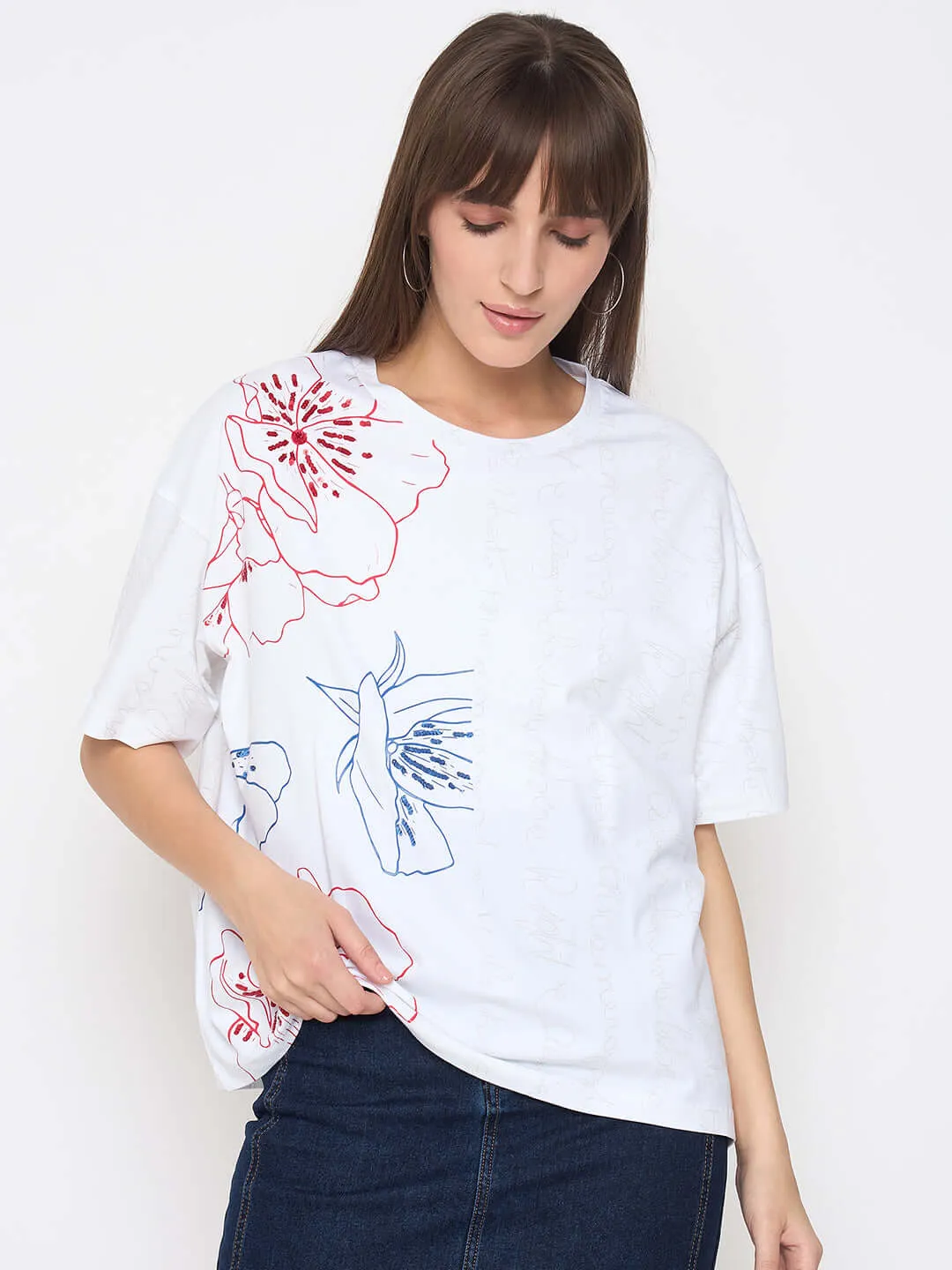 Madame Printed Handwork Detail White Sinker T-shirt Layering Must-Have