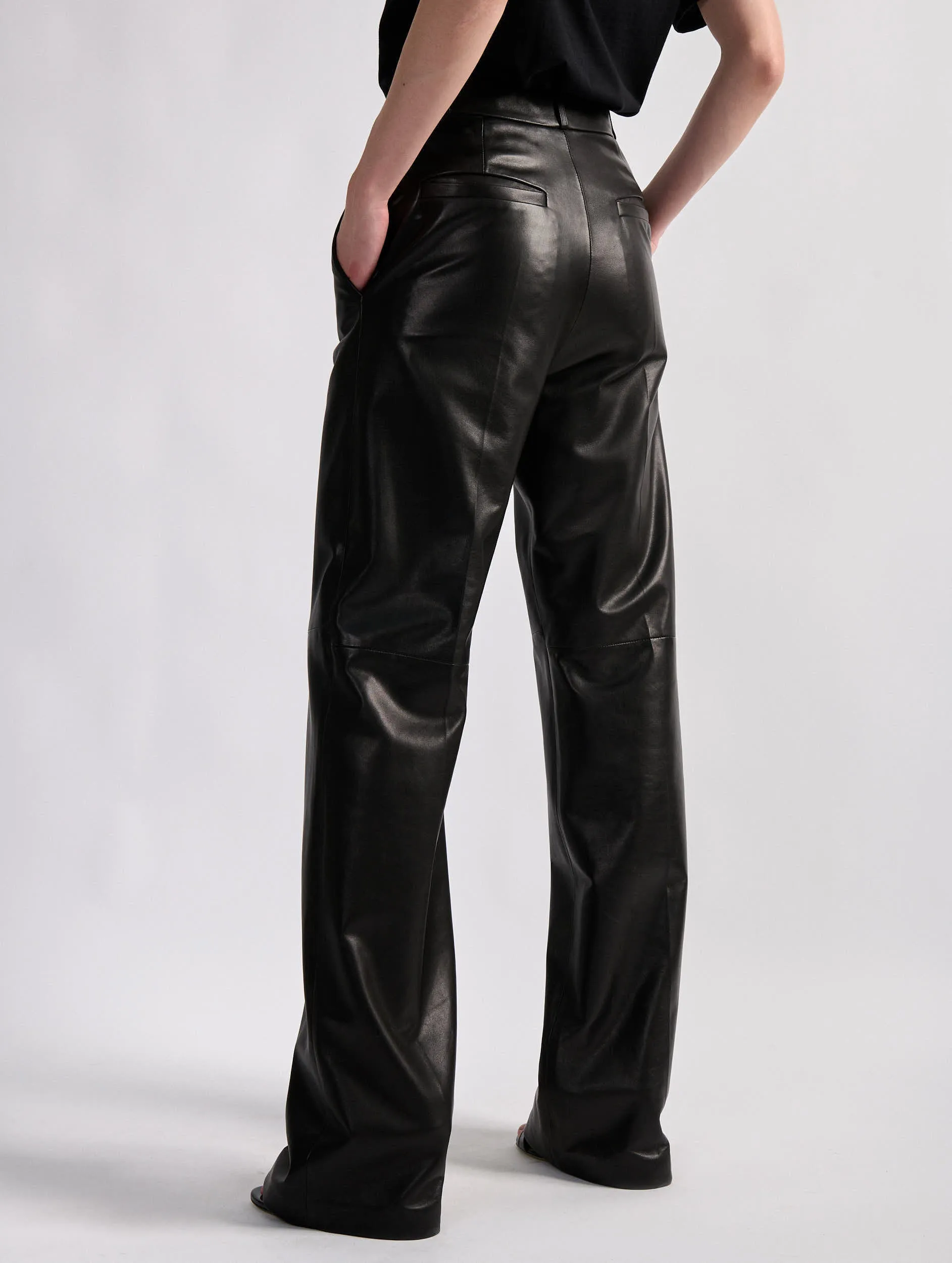 Black plong?? leather wide-leg trousers Eco Friendly Dye Process
