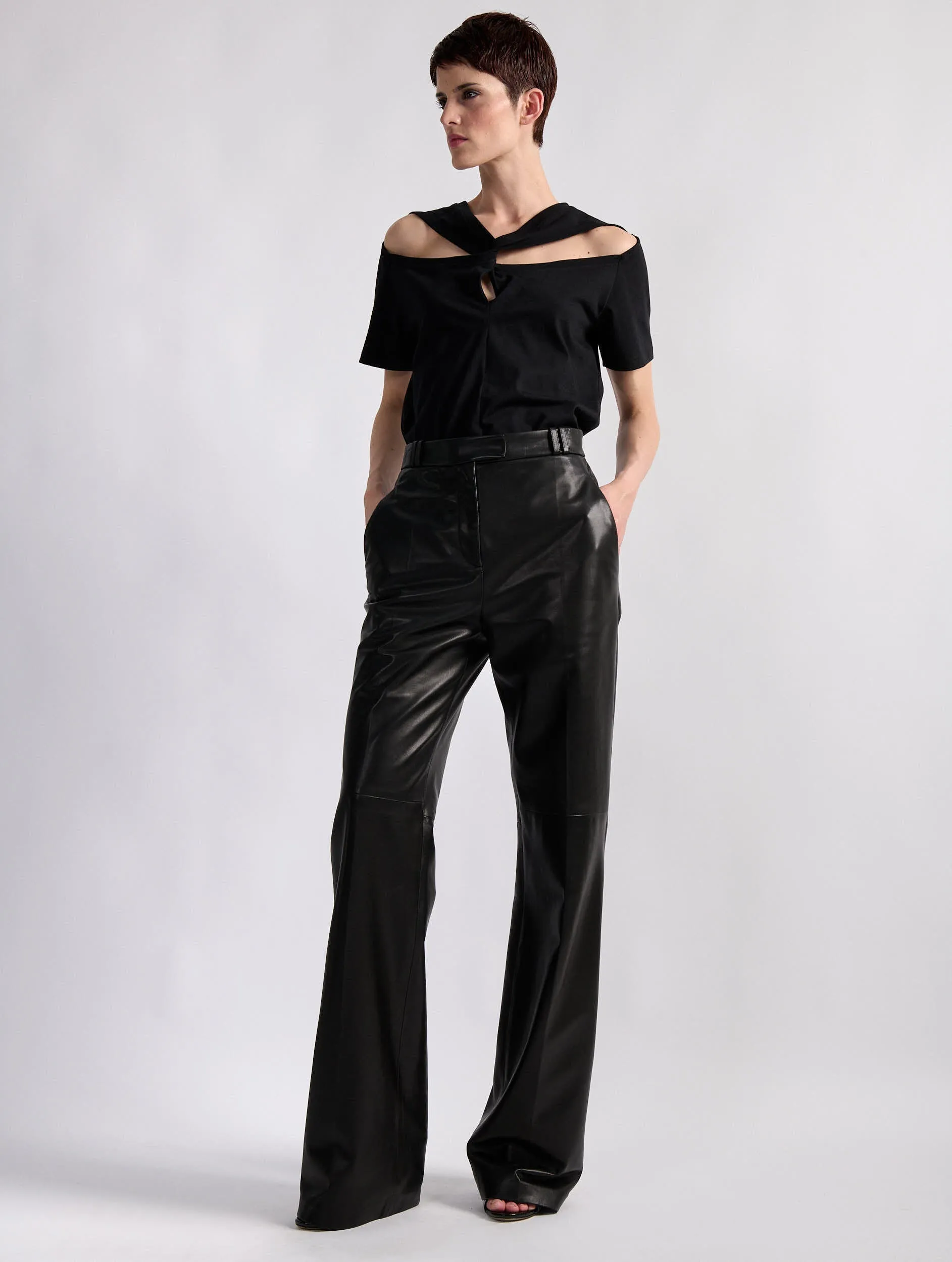 Anti Pilling Fabric Black plong?? leather wide-leg trousers