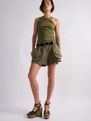 Khaki stretch gabardine cargo shorts Adjustable Belt Loops
