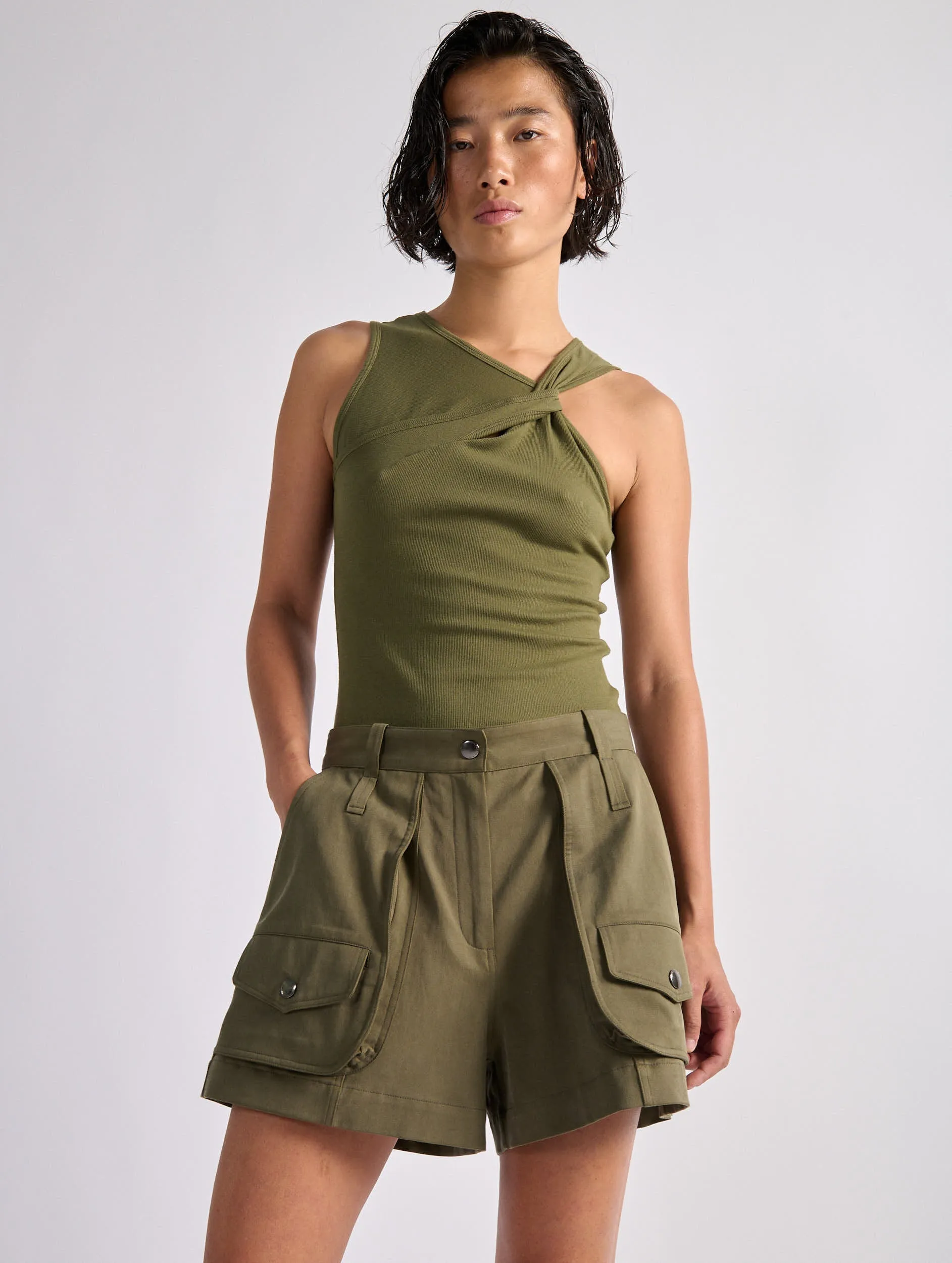 Khaki stretch gabardine cargo shorts SustainableManufacturing