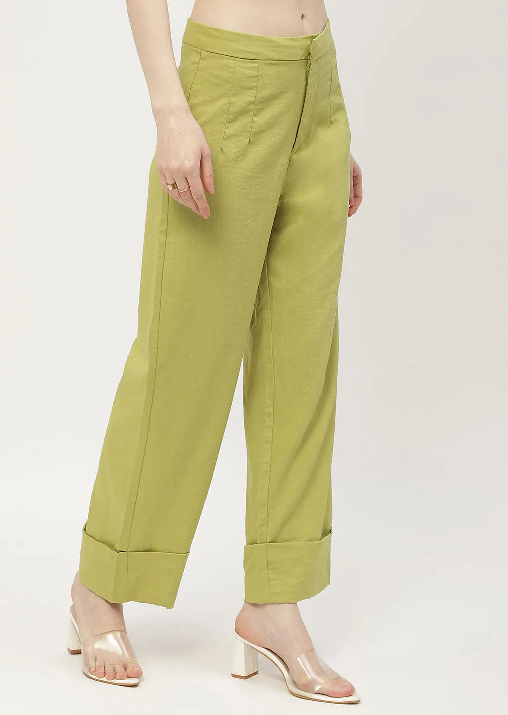 TaglessLabel Everyday Wear Madame Solid Apple Green Folded Hem Trouser
