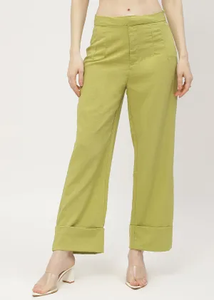 Madame Solid Apple Green Folded Hem Trouser Performance Comfort