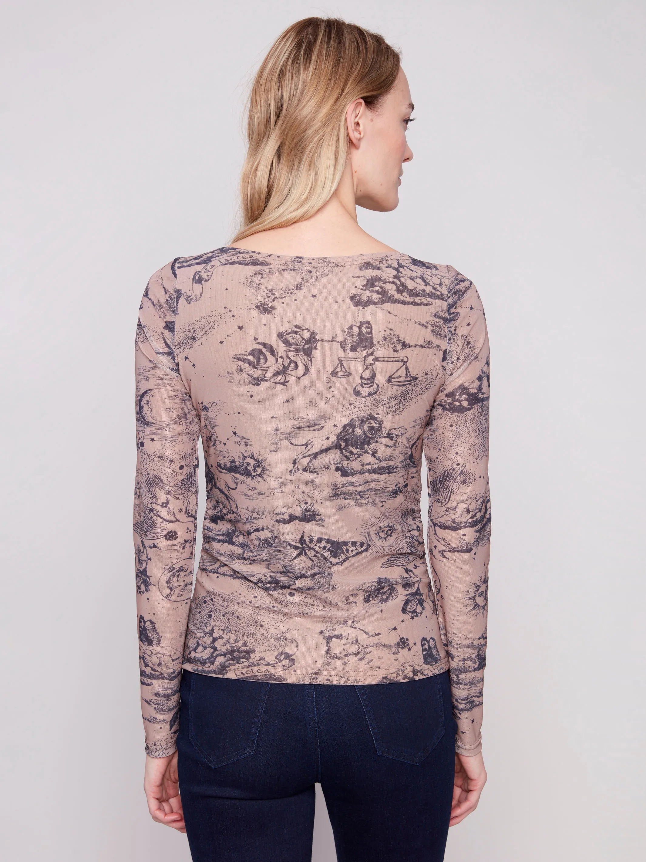 Printed Ruched Mesh Top - Astrology Active Fit SweatWickingLining