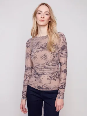 Printed Ruched Mesh Top - Astrology Vegan Mood Street Look