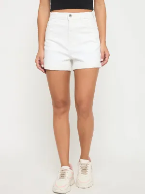 Madame Cotton Blend Solid White Denim Shorts Convertible Style ReinforcedStitching