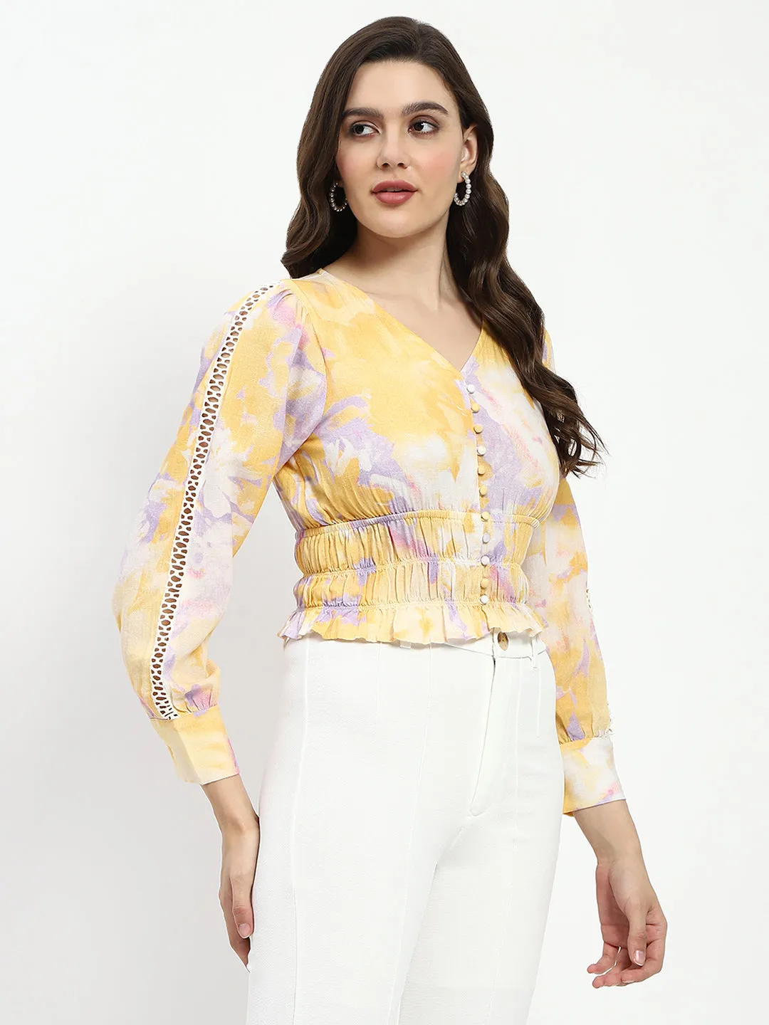 Madame Abstract Print V Neck Smocked Top City Soul