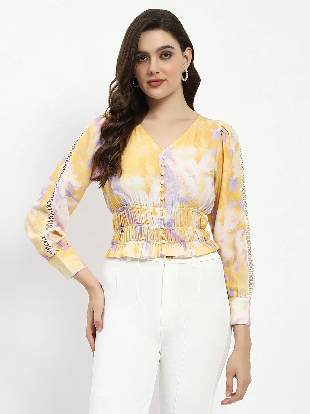 Madame Abstract Print V Neck Smocked Top Earth Fit Stretchable Material