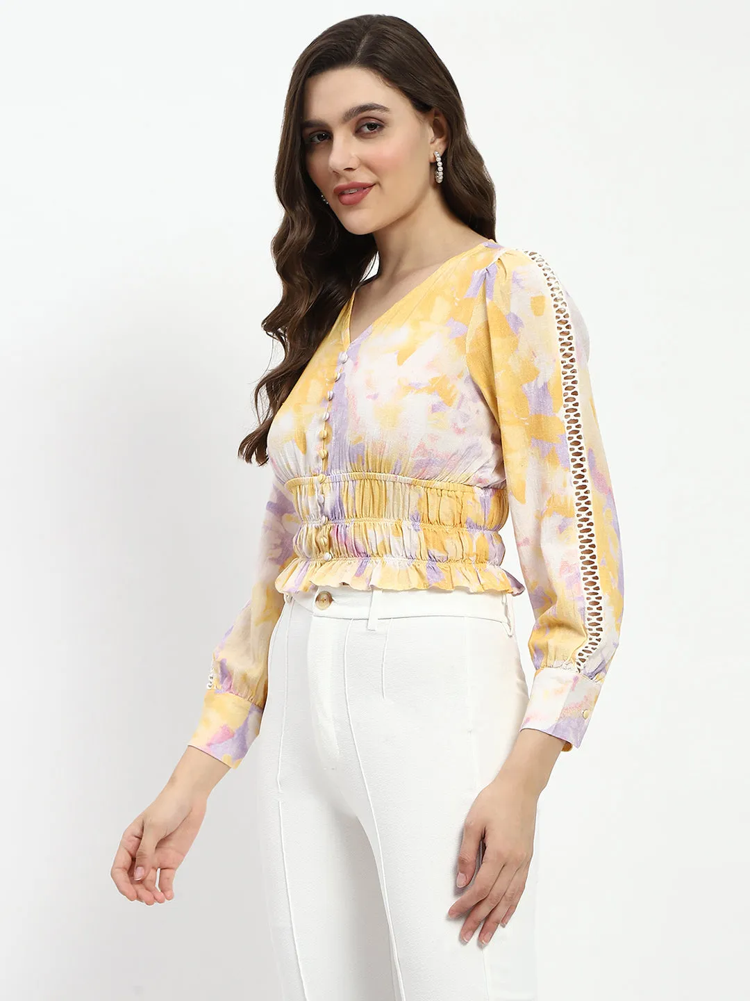 High-Waisted Pants Village Charm Madame Abstract Print V Neck Smocked Top