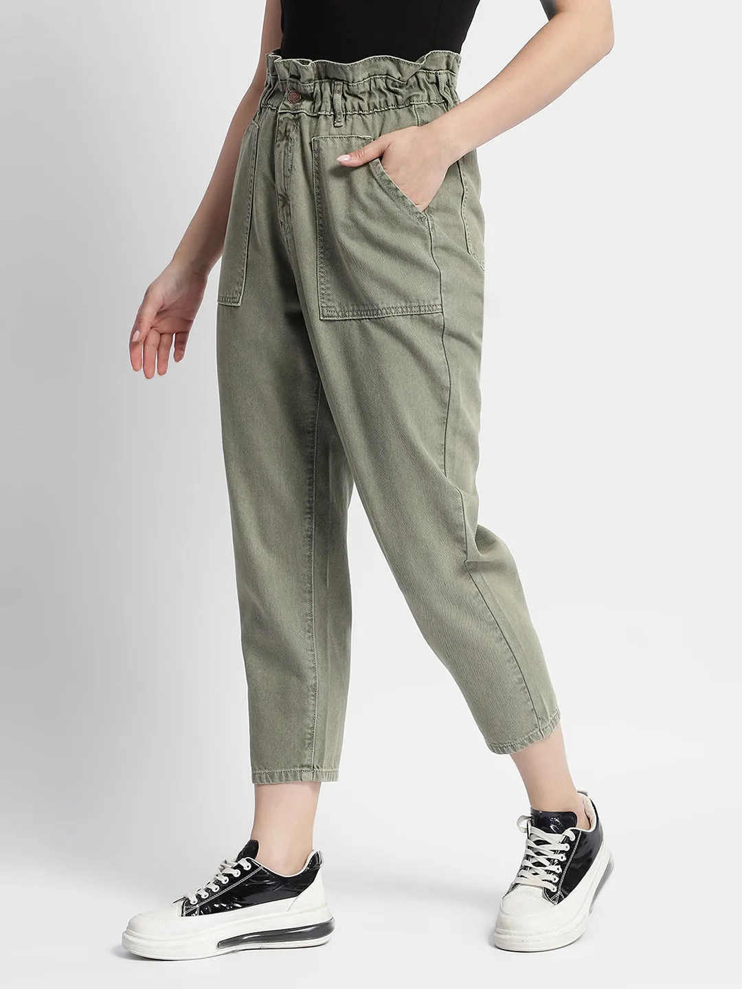 Madame Mid Rise Tapered Fit Olive Green Cargo Comfy Essentials Wear