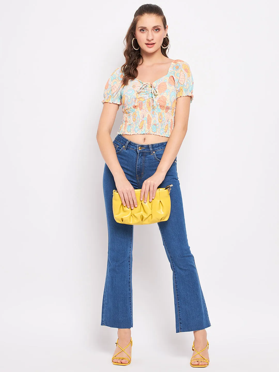 AntiPilling Surface Daywear Style Madame Floral Sweetheart Neckline Crop Top
