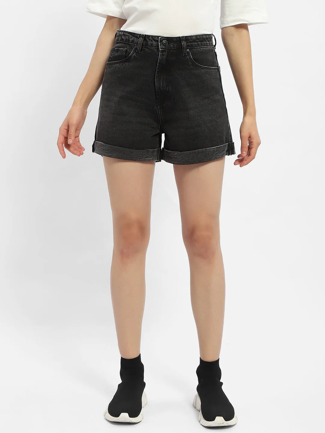 SweatAbsorbingTexture Active Style Madame Washed Charcoal Black Denim Shorts