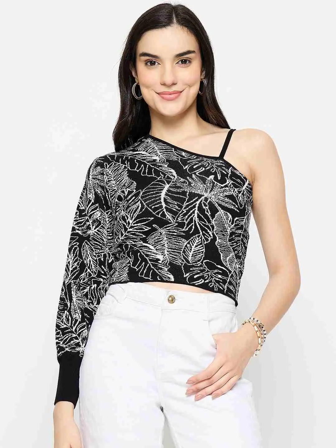 Madame Printed One Shoulder Black Knitted Top Hypoallergenic Fibers Green Fit