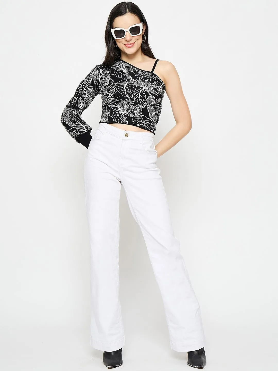 Sky Cool Madame Printed One Shoulder Black Knitted Top