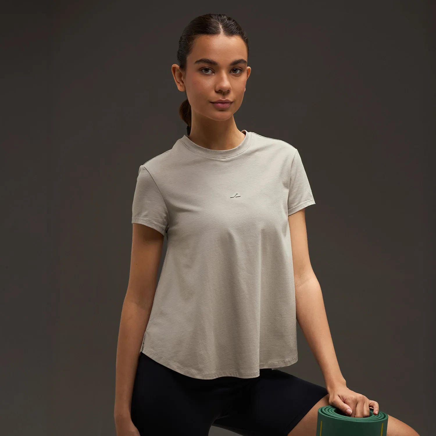 Women Essential Flared Cotton T-Shirt Beige Foldable Hem