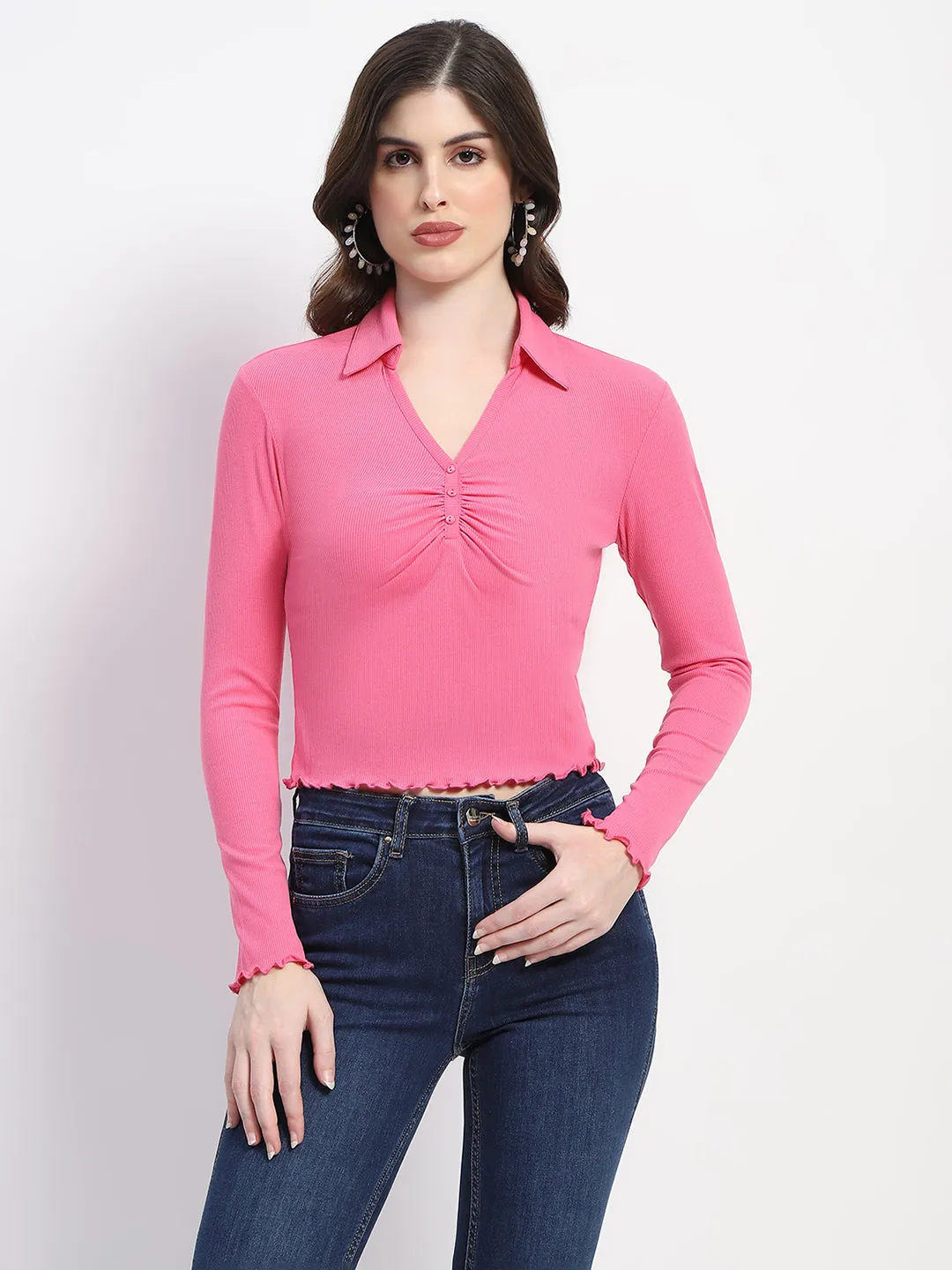 SeamlessFit Madame Collared Neckline Scallop Hem Ruched Pink Top