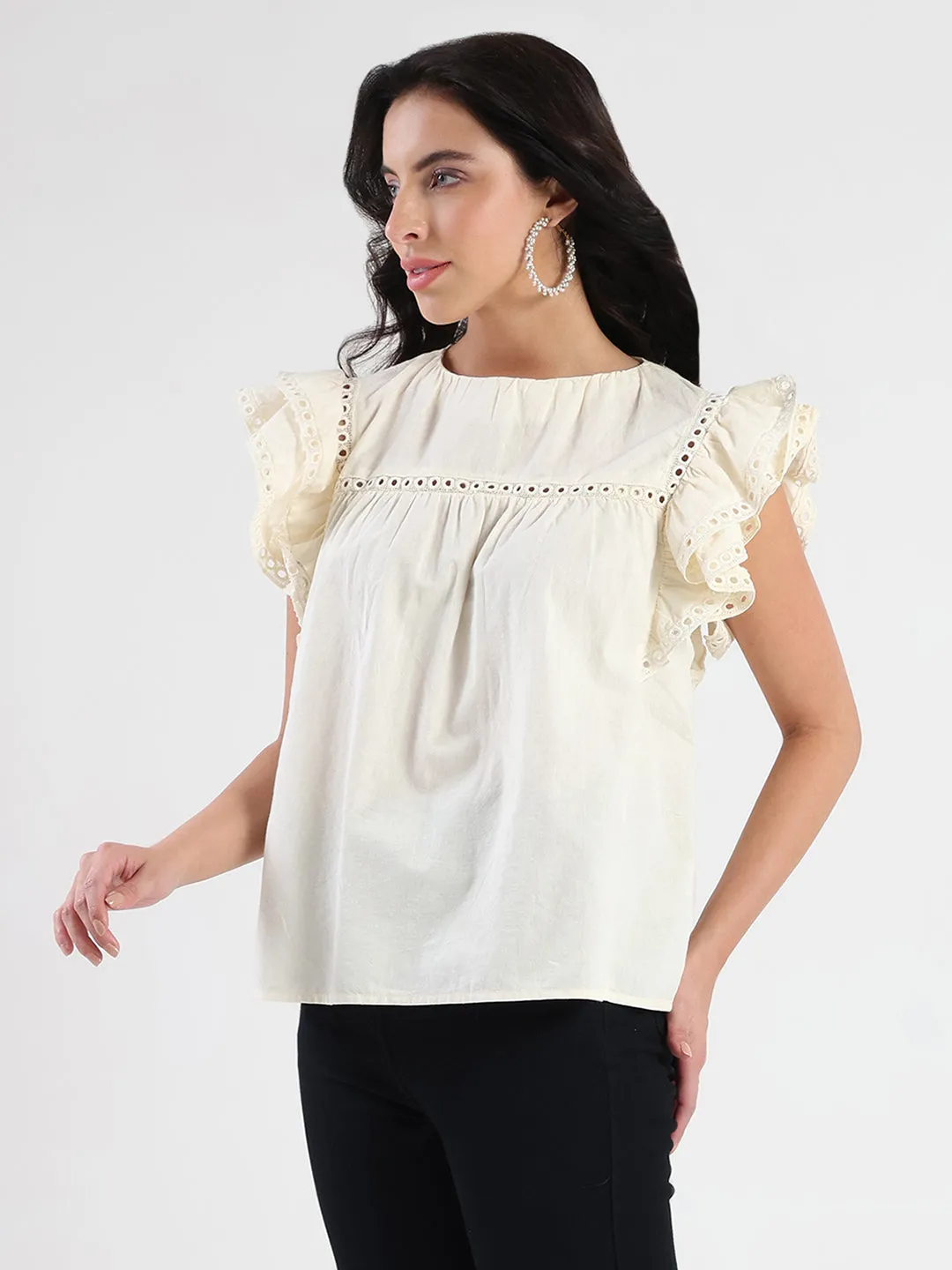 Madame Lace Inserted Off White Cotton Top Art Core