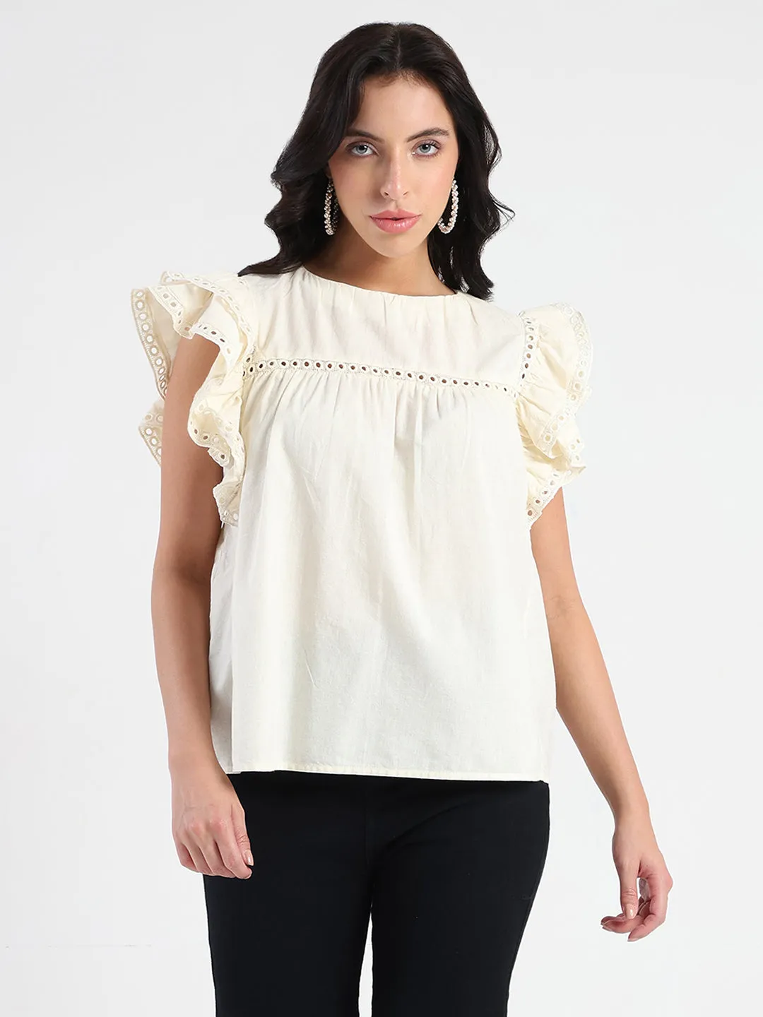 Madame Lace Inserted Off White Cotton Top AbrasiveReinforcedZones RecycledBlend