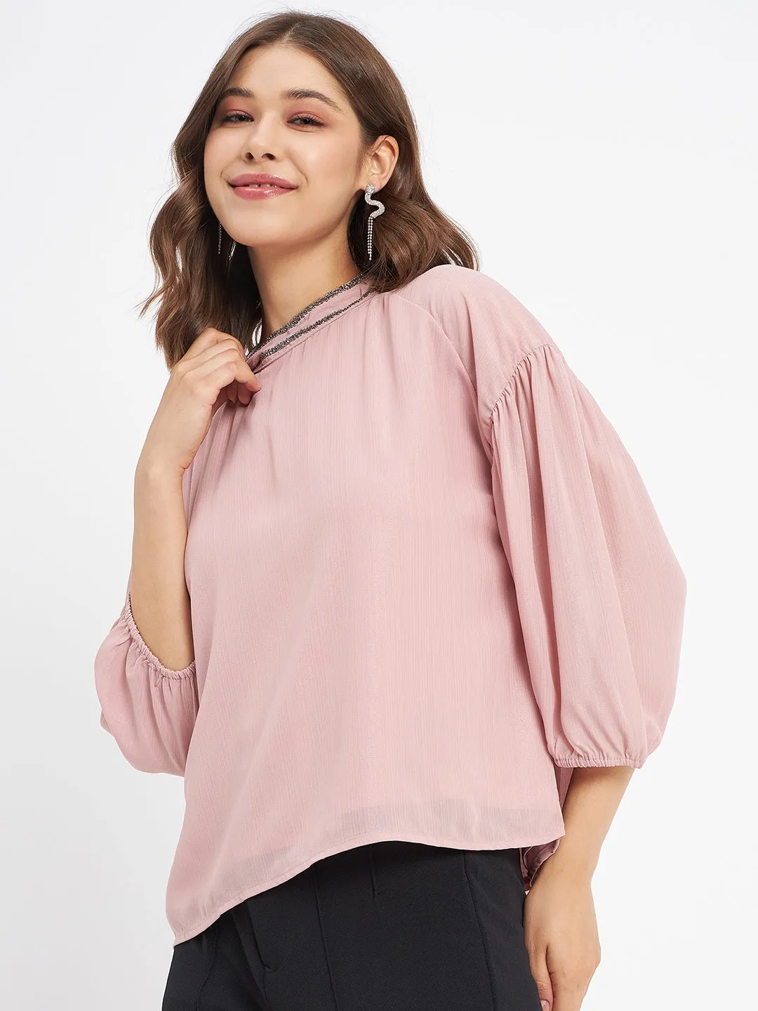 Madame Embellished Neckline Turtle Neck Solid Pink Top Ice Fit