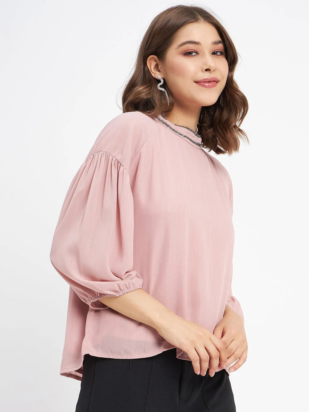 Madame Embellished Neckline Turtle Neck Solid Pink Top Lightweight Vest Story Mood
