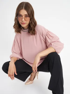 Madame Embellished Neckline Turtle Neck Solid Pink Top FrictionResistantFabric