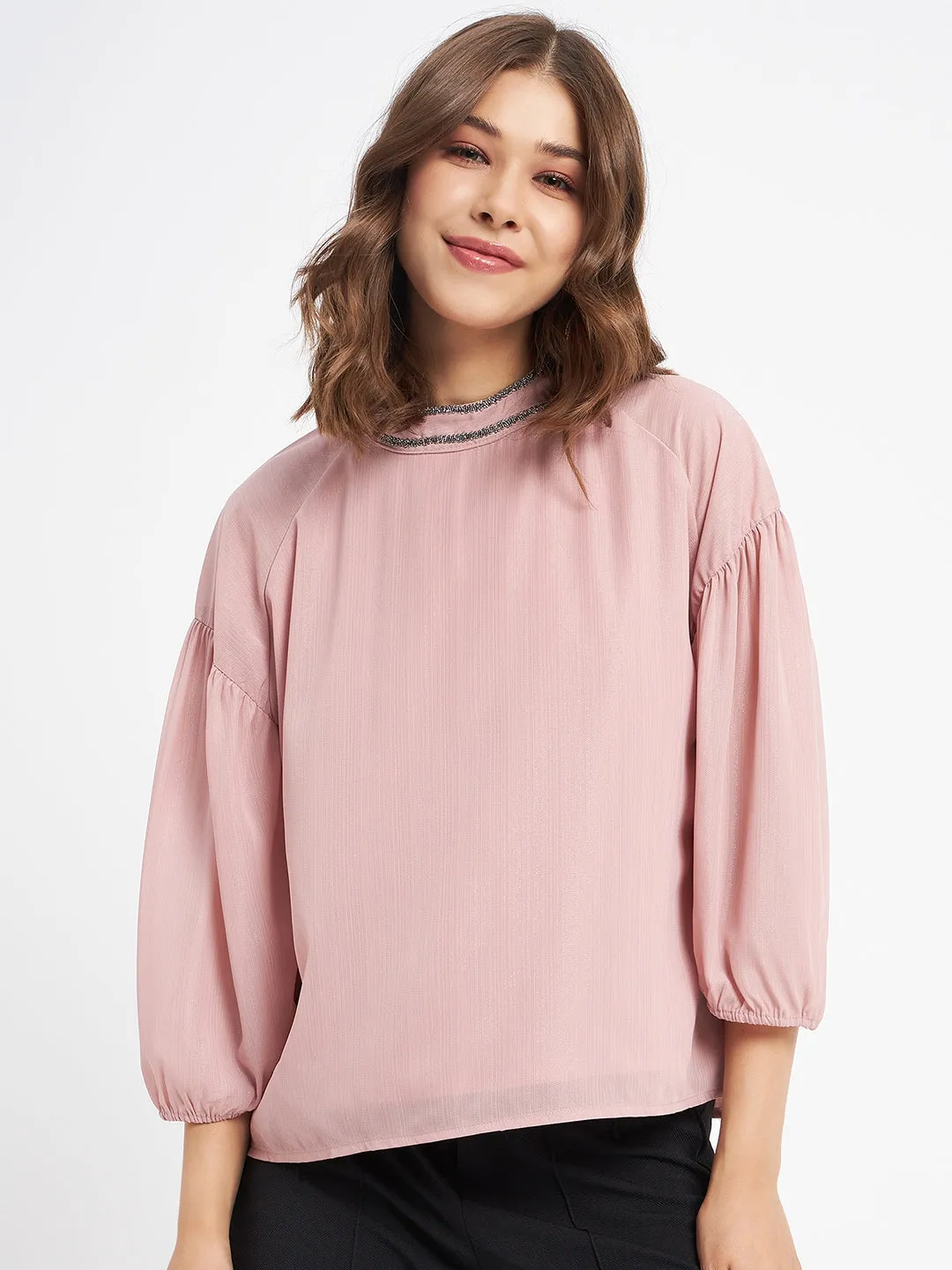 Madame Embellished Neckline Turtle Neck Solid Pink Top City Beat