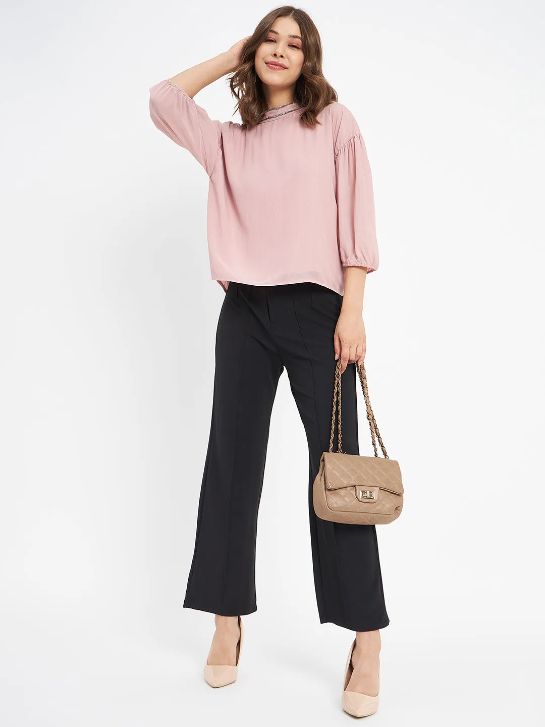 Madame Embellished Neckline Turtle Neck Solid Pink Top Epic Core QuickDry Material