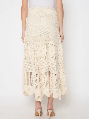 Stone Glow Accessory Fashion Madame Cotton Crochet Lace Tiered Beige Maxi Skirt