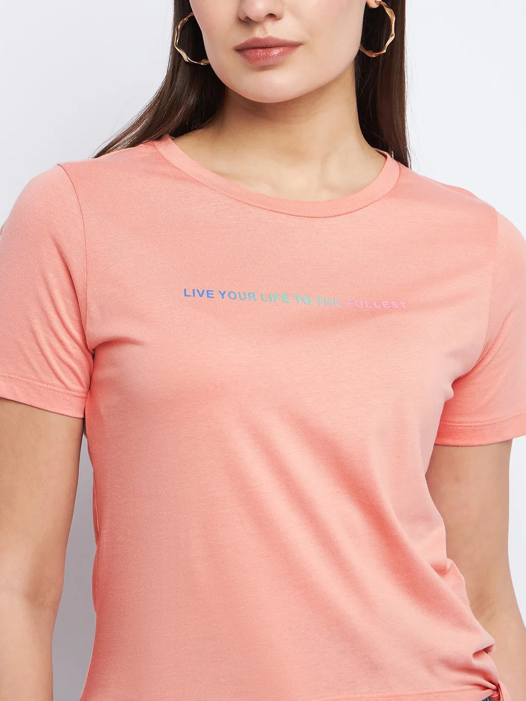 Stage Feel Simple Layering Madame Typography Peach Side Knotted Top